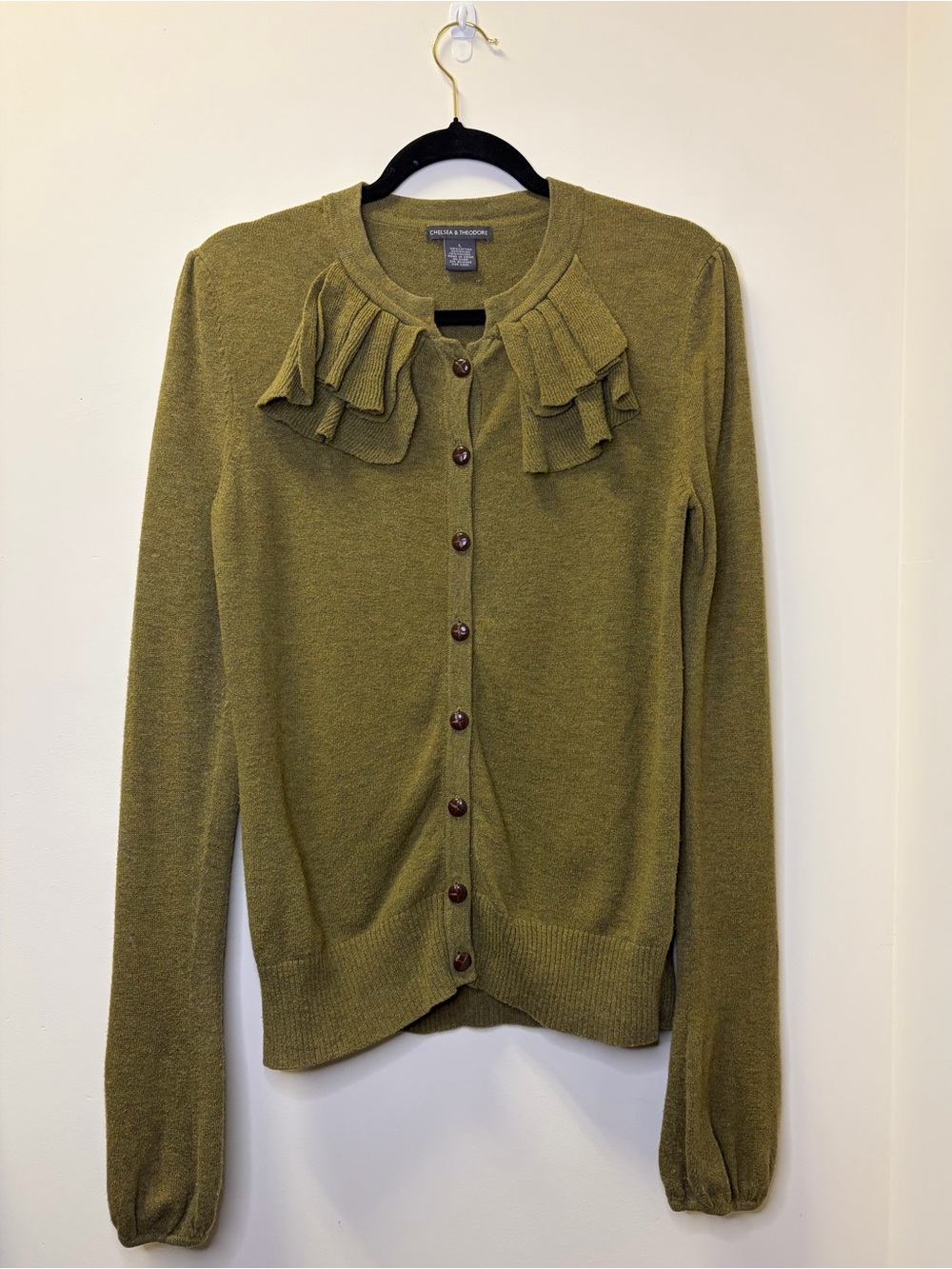 Chelsea & Theodore Olive Green Ruffle-Trim Button Cardigan Size Large - Picture 1 of 5